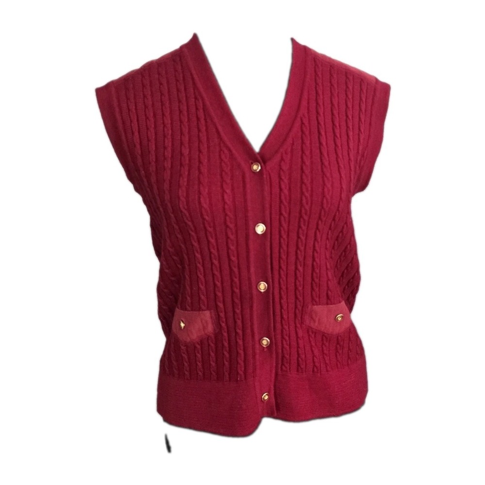 John Smedley VTG 80s Womens Pure New Wool Cable Knit Vest Small Red Old Money